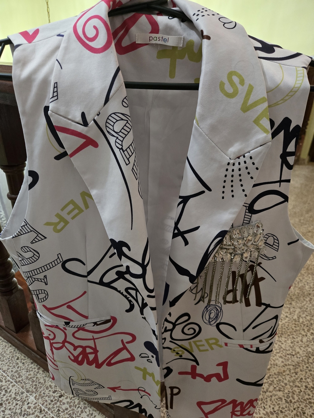 Pastels White Graphic Vest with Pink, Lime and Navy Accents
